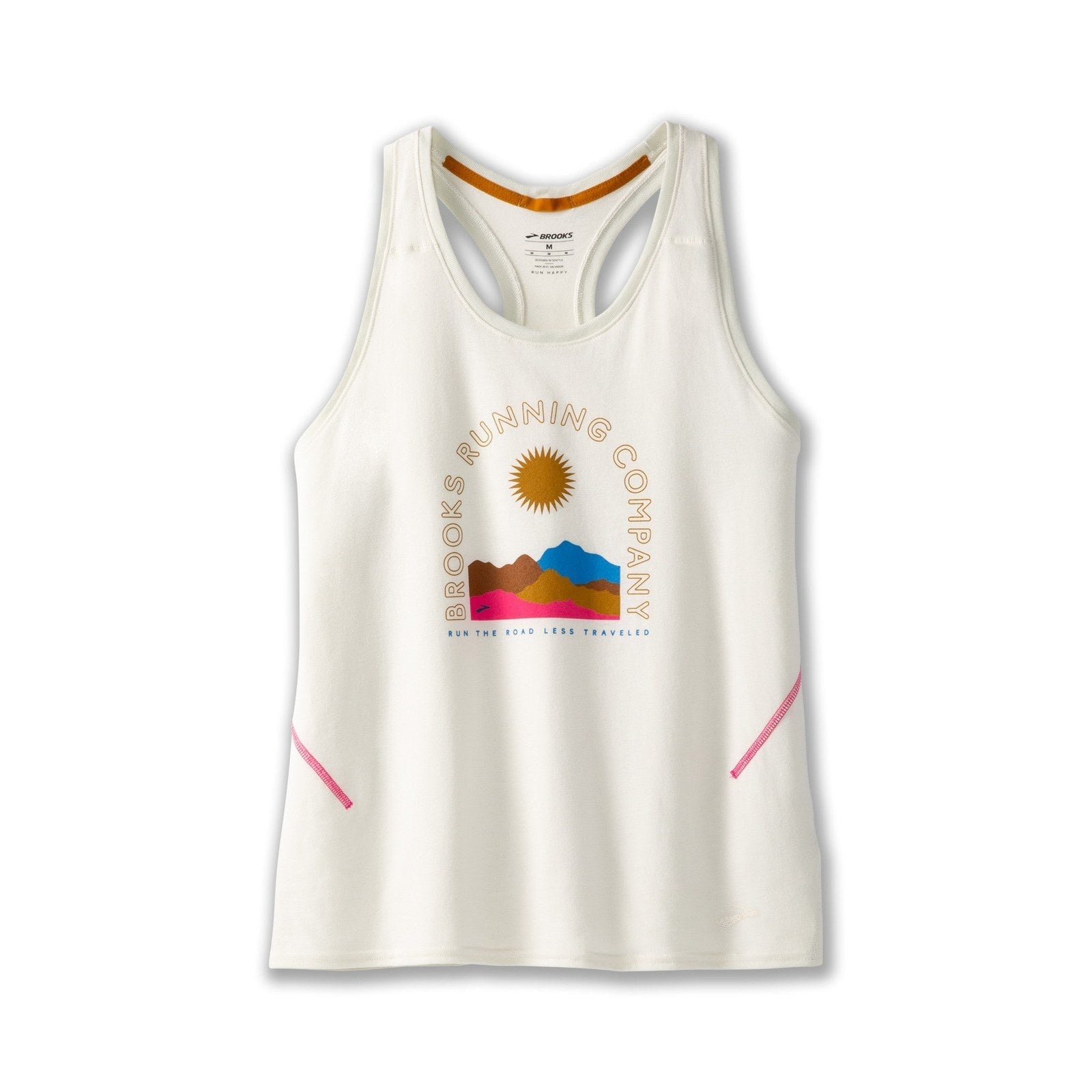Brooks Running Company Distance Tank 2.0 in ecru with mountain sunrise graphic print