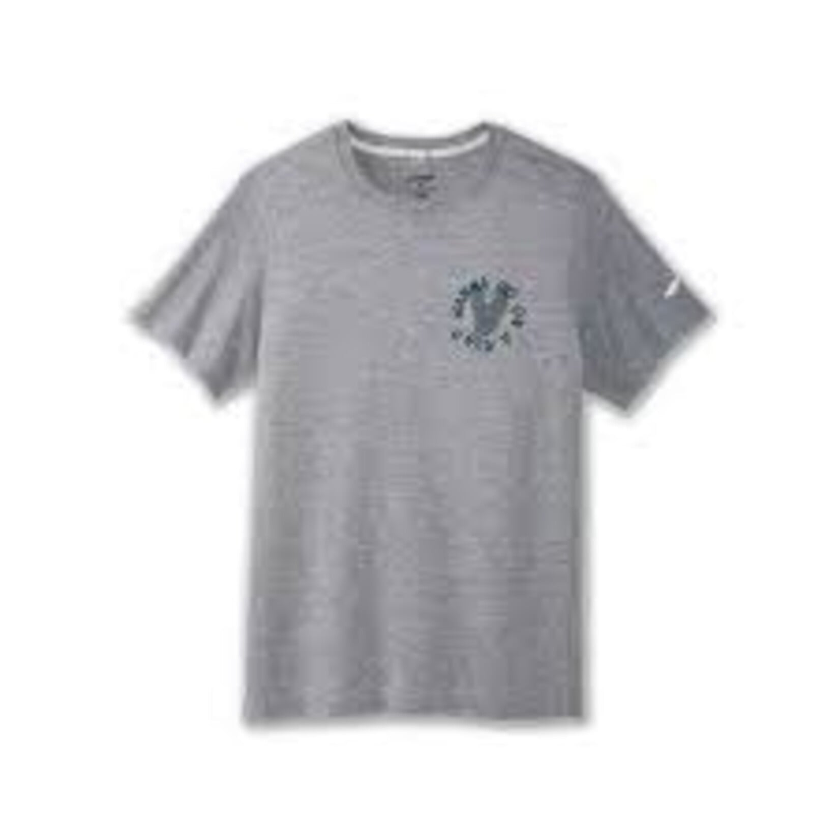 Brooks Distance Short Sleeve 3.0 men's heather ash gray running t-shirt with chest graphic