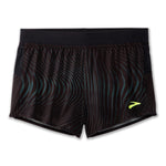 Brooks Sherpa 3-inch Split Short in black Surge wave pattern with neon yellow logo