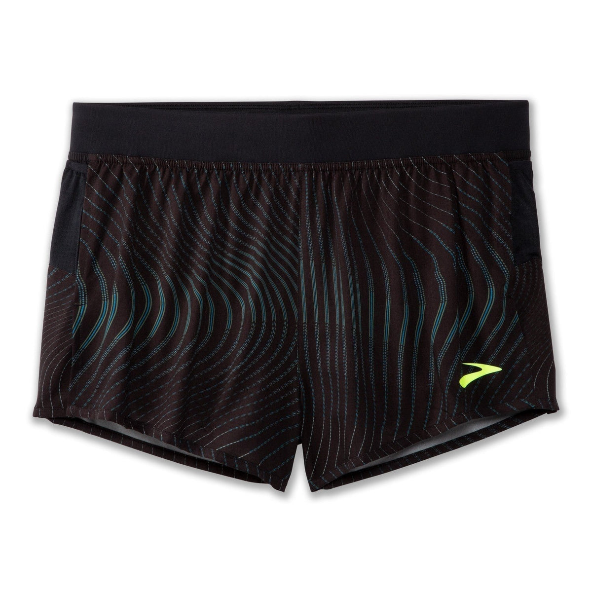 Brooks Sherpa 3-inch Split Short in black Surge wave pattern with neon yellow logo