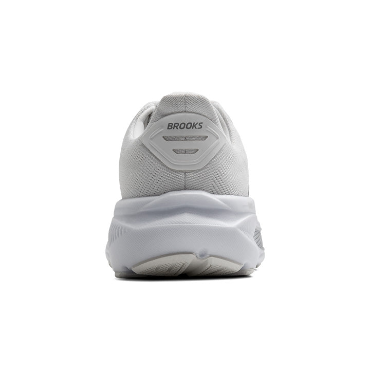 Brooks Ghost 17 running shoe rear view in white and grey colorway