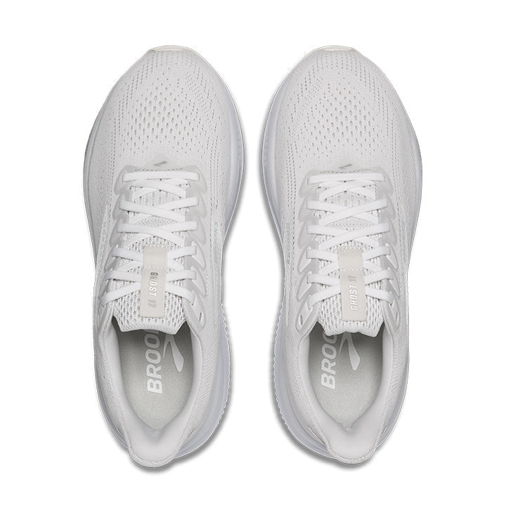 Brooks Ghost 17 women's running shoes in white with grey accents, top-down view