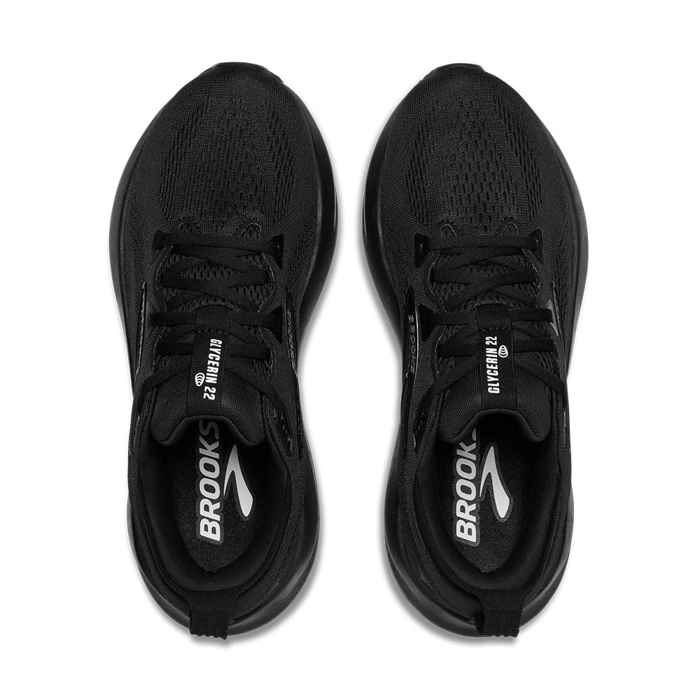 Brooks Glycerin 22 women's running shoes in black, top view showing mesh upper