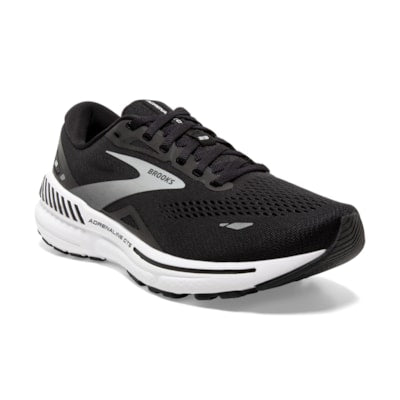 Brooks Adrenaline GTS 23 running shoe in black with silver accents on white background