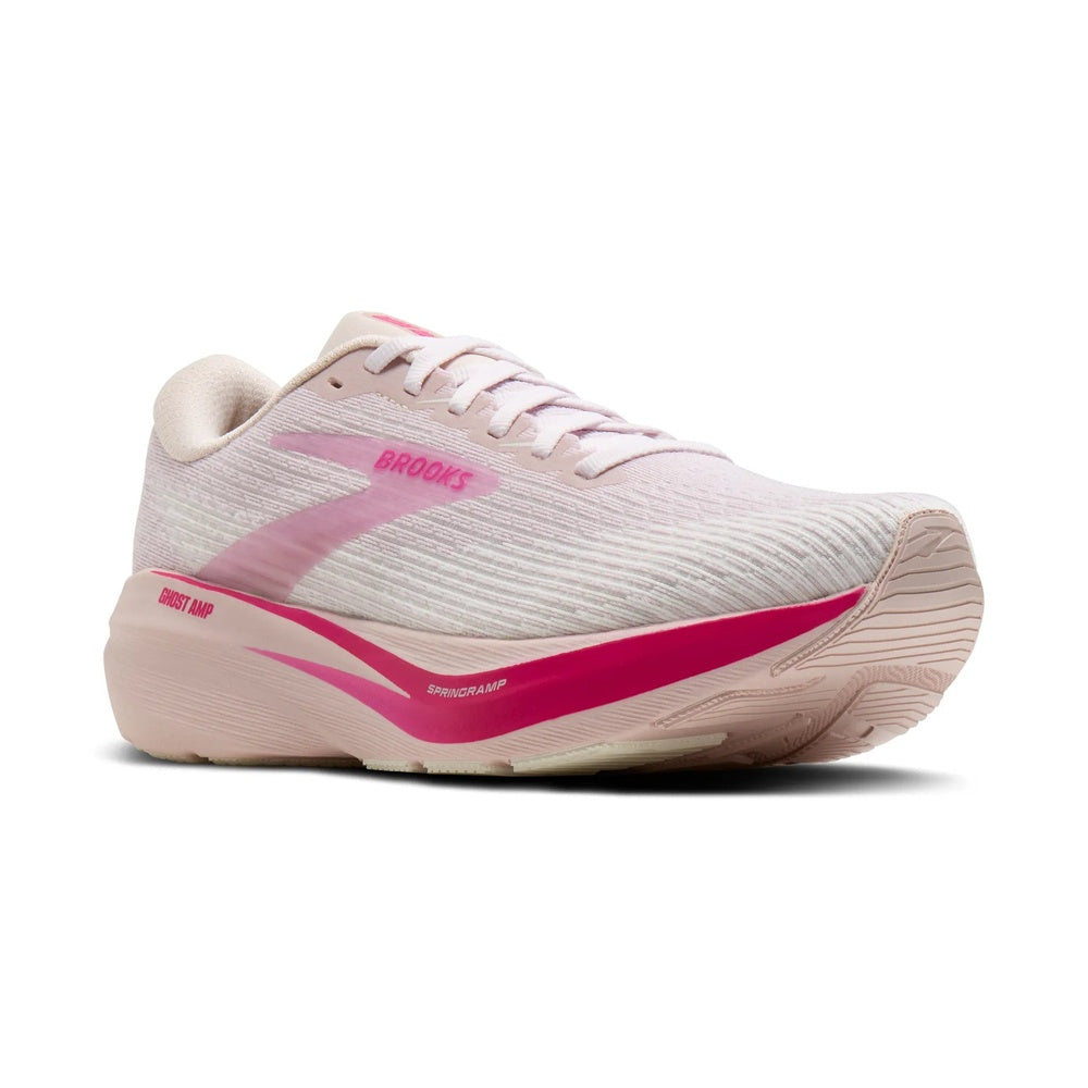 Brooks Ghost Amp women's running shoe in pink and fuchsia, three-quarter front view