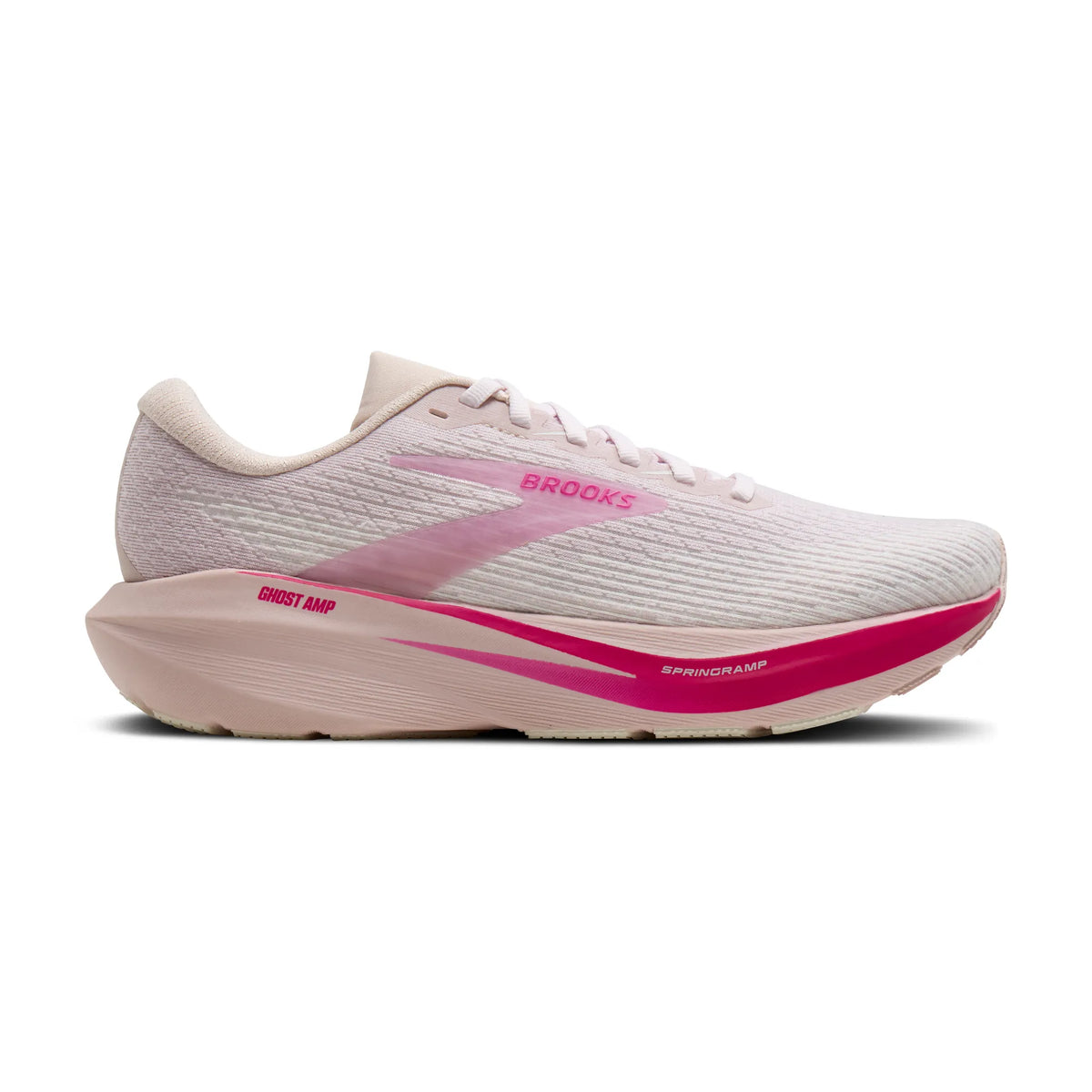 Brooks Ghost Amp women's running shoe lateral side view in pink and fuchsia colorway
