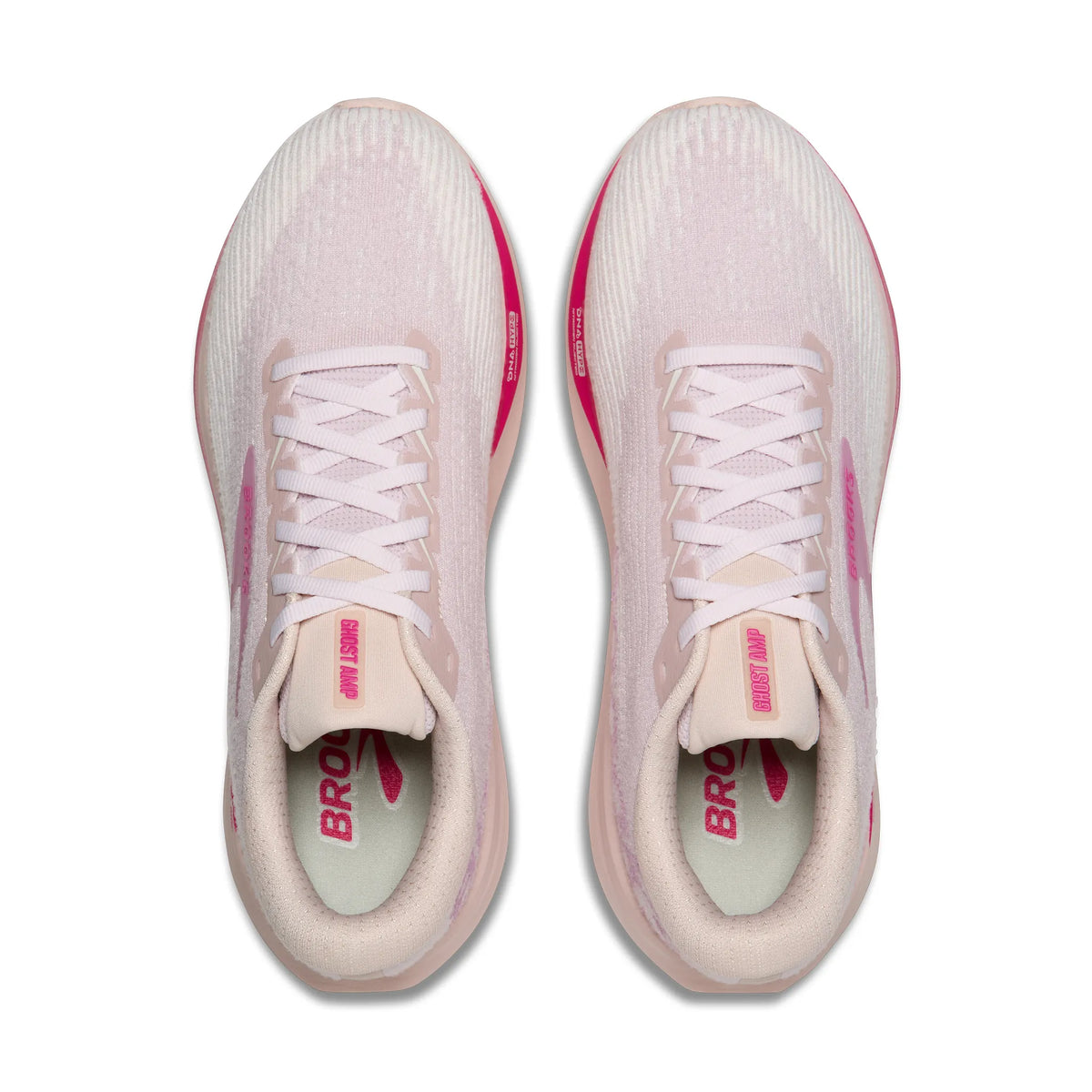 Brooks Ghost Amp women's running shoes top view showing pink knit upper and lacing system