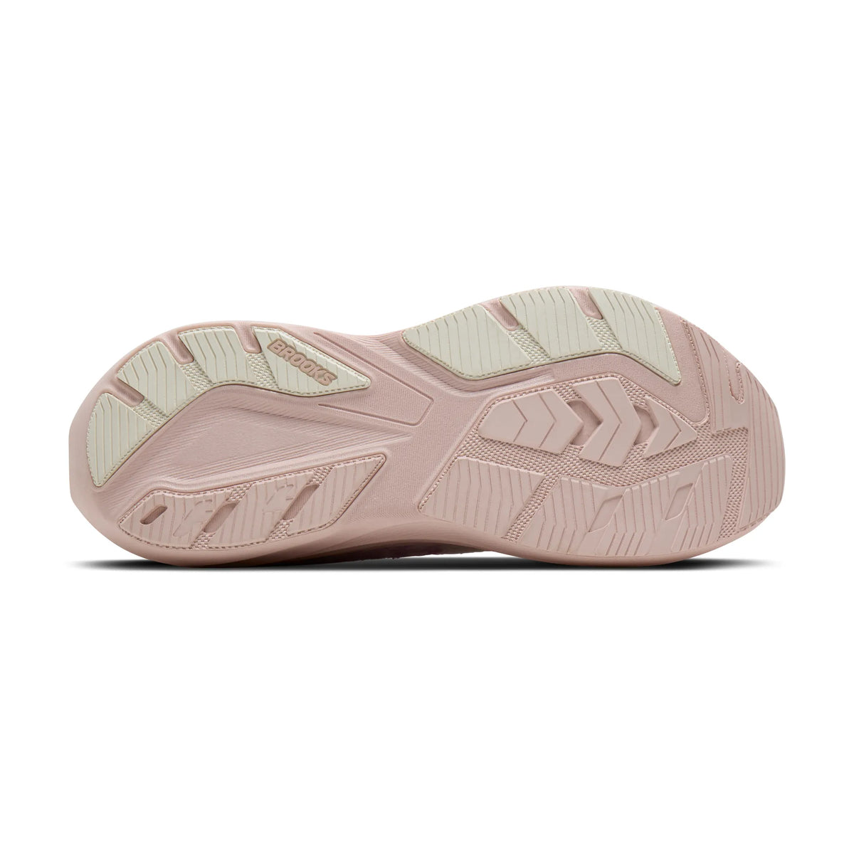 Brooks Ghost Amp women's shoe outsole view showing pink rubber with traction pattern