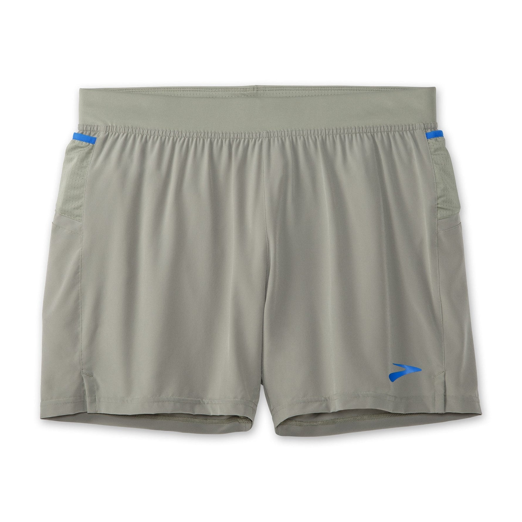 Brooks Sherpa 5 inch men's running shorts in dark oyster gray with blue accents