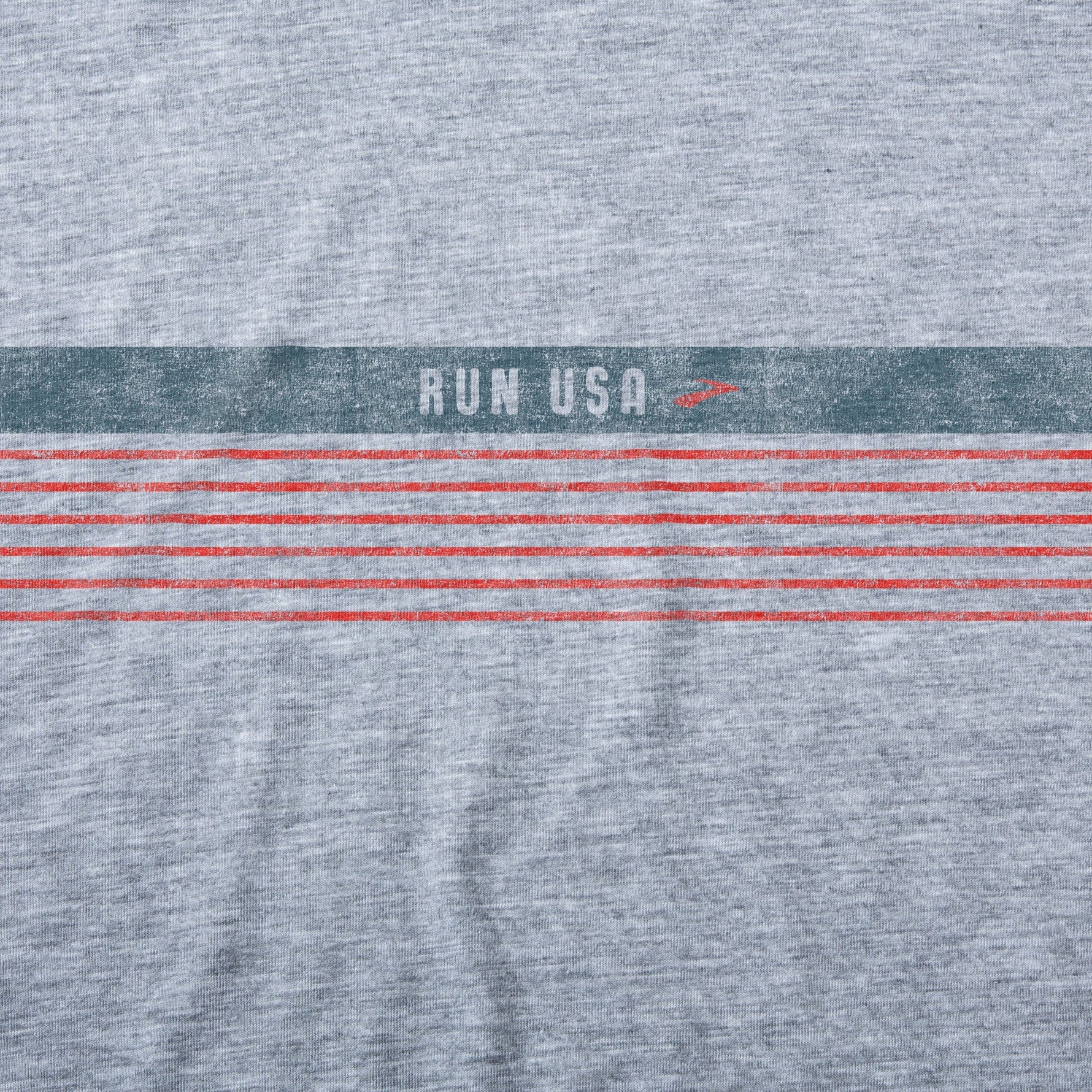 Brooks Distance Graphic Tee in heather gray with red stripes and RUN USA text