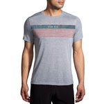 Brooks men's gray athletic t-shirt with RUN USA graphic stripes