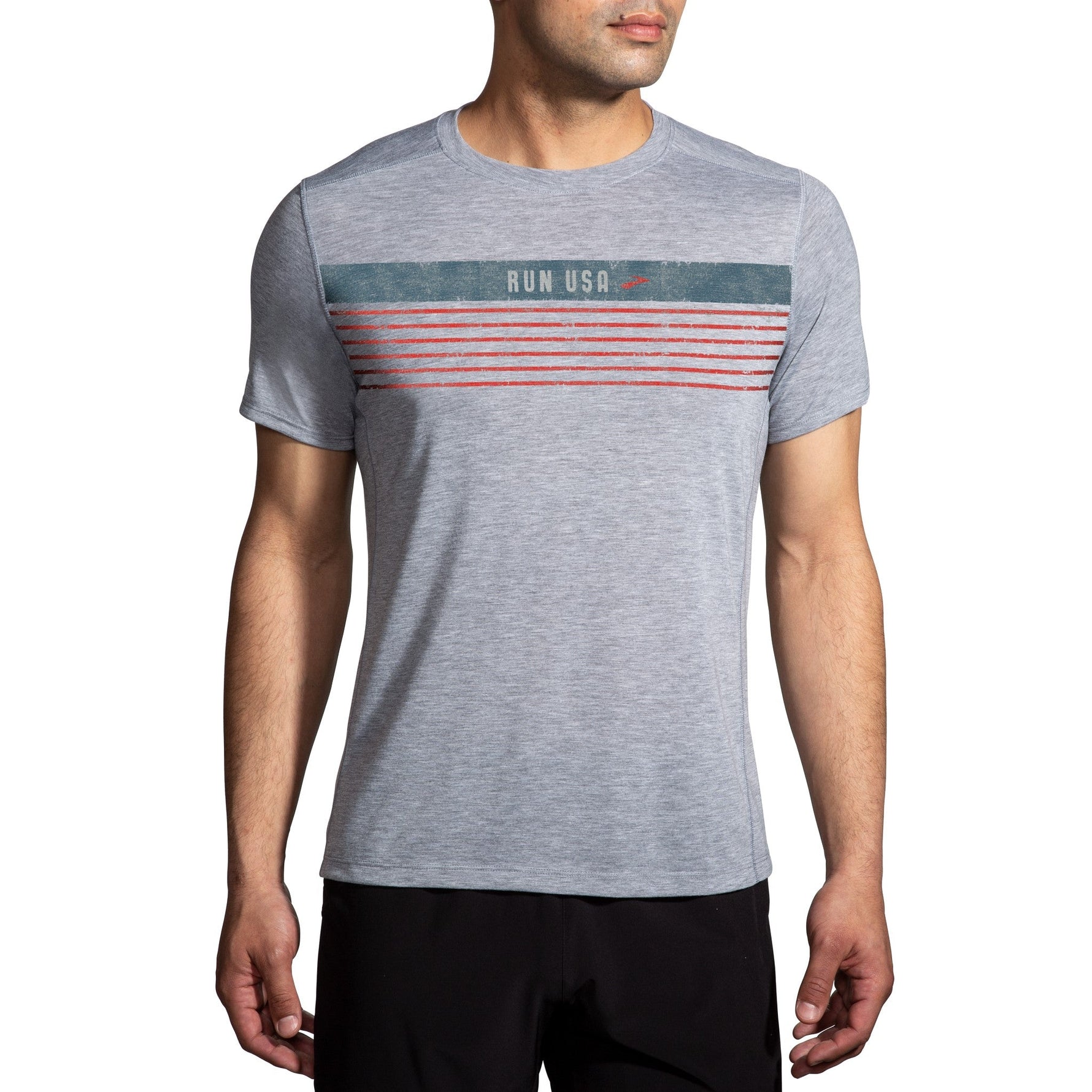 Brooks men's gray athletic t-shirt with RUN USA graphic stripes