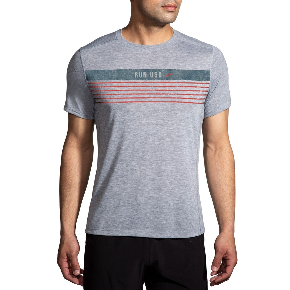 Brooks Ghost men's short sleeve running shirt in heather ash with patriotic stripe design