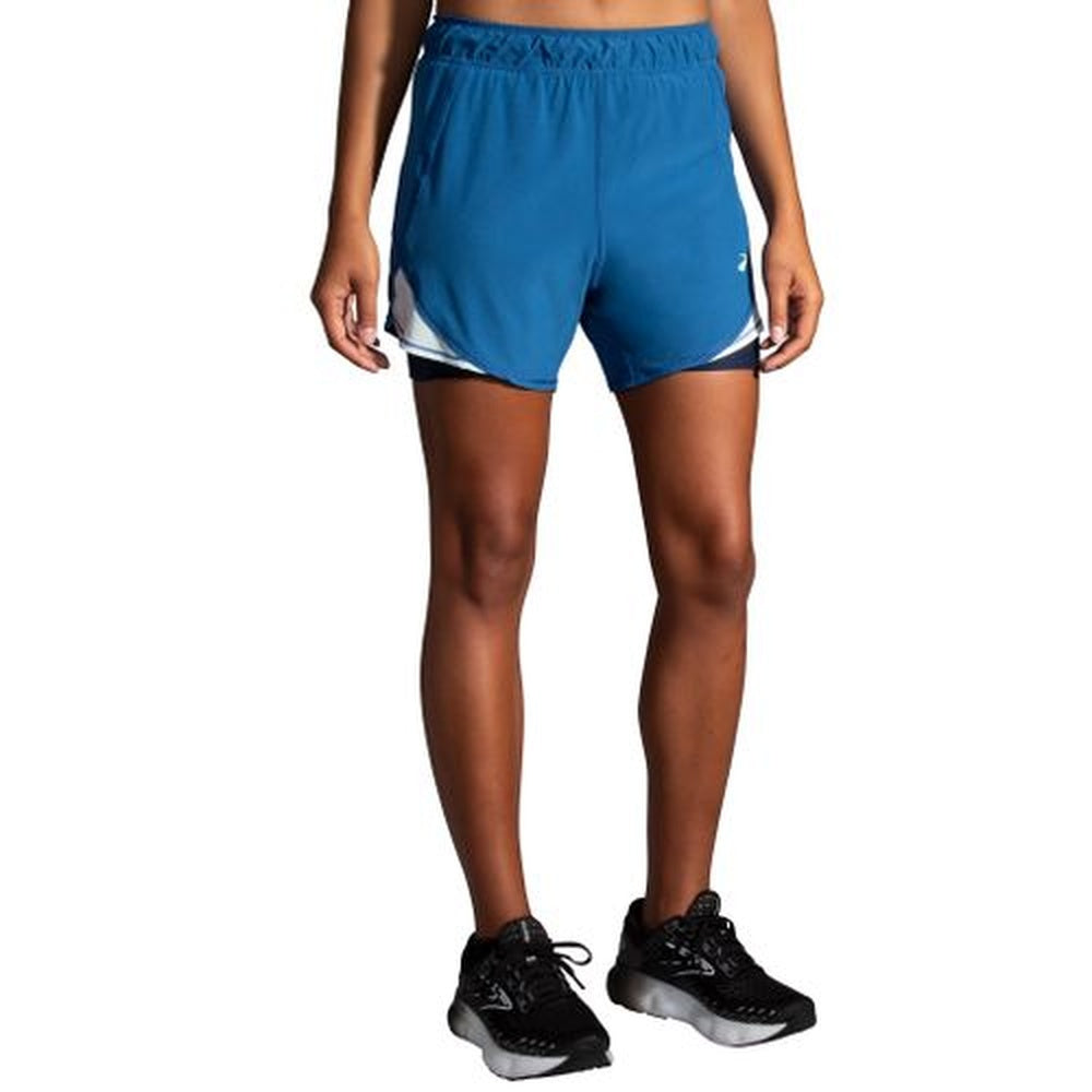 Brooks Chaser 5 inch women's running shorts in blue with white trim