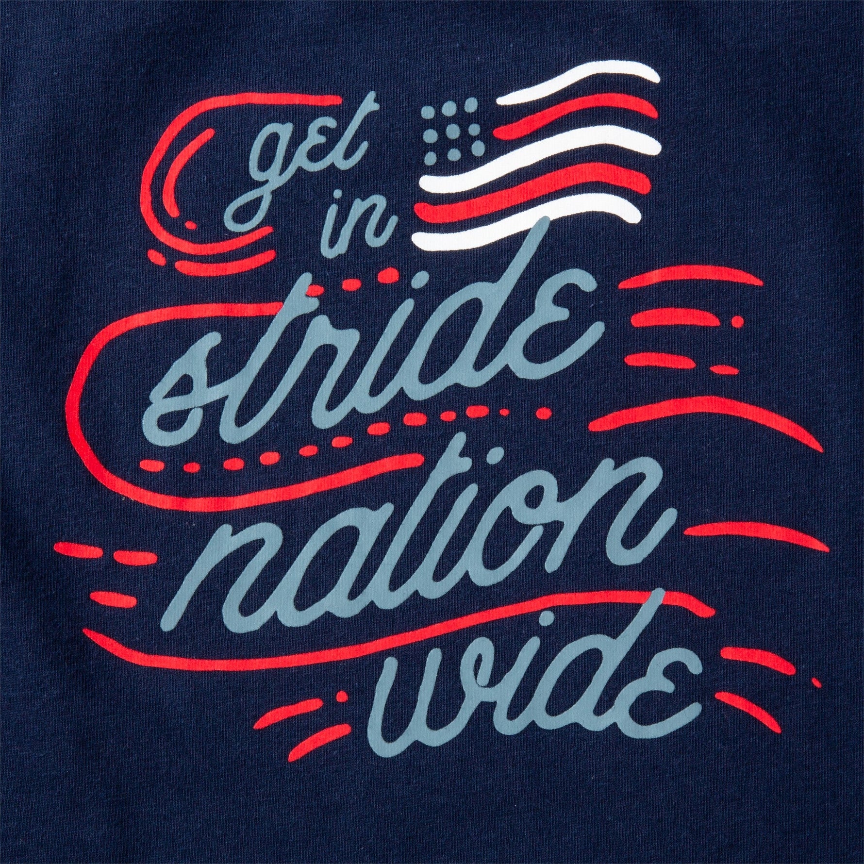 Brooks Distance Tank 2.0 in navy with patriotic 'Get In Stride Nation Wide' USA graphic