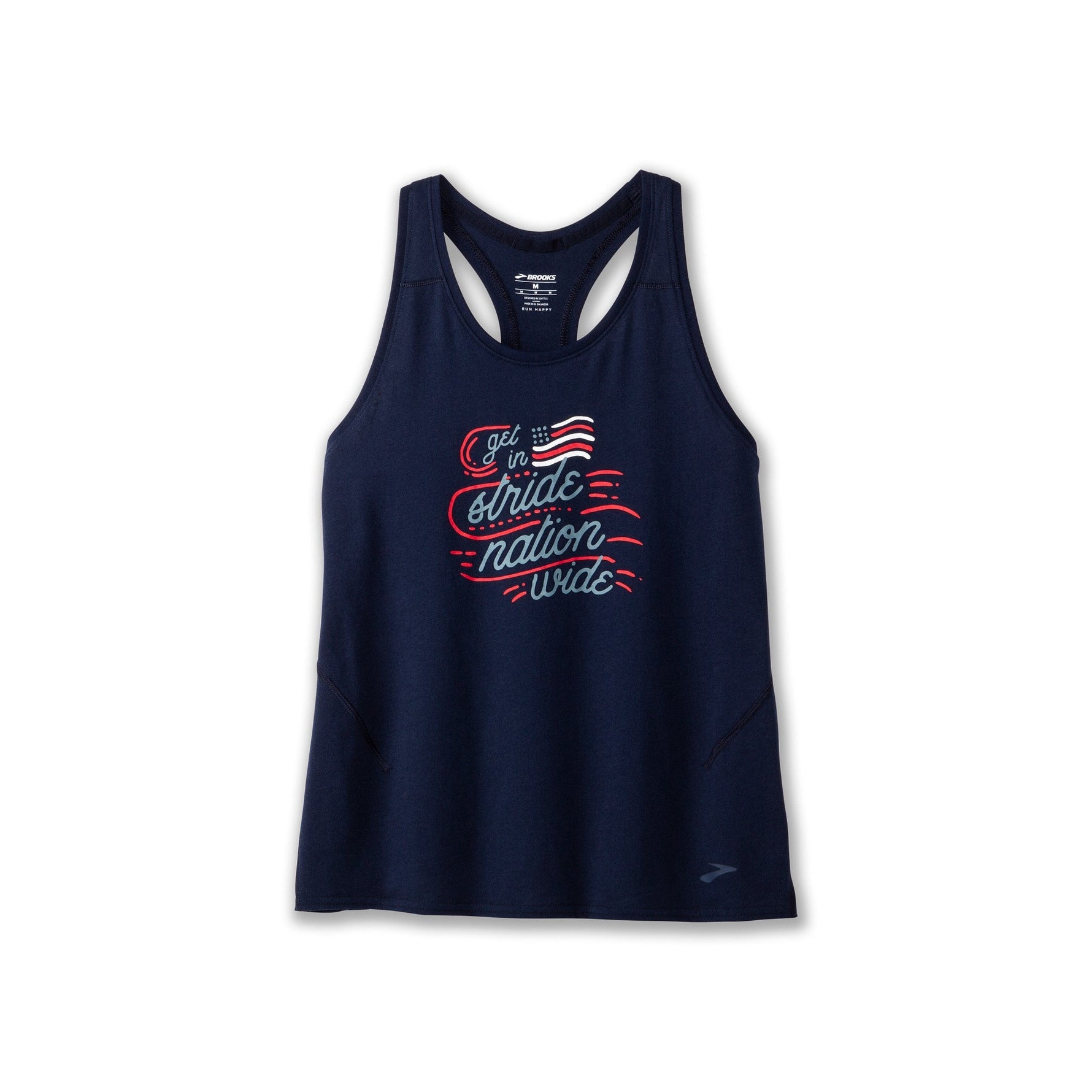 Brooks Distance Tank 2.0 in navy with patriotic Run USA graphic on white background