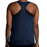 Brooks Distance Tank 2.0 in navy blue, rear racerback view on female model