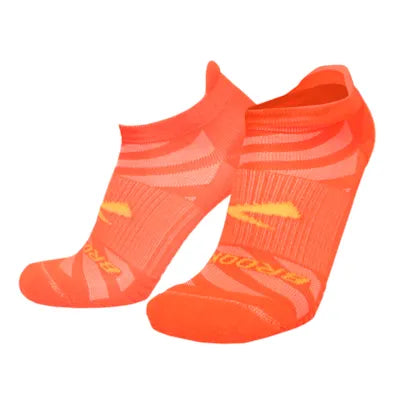 Brooks Ghost Lite No Show socks in bright coral orange with yellow branding details