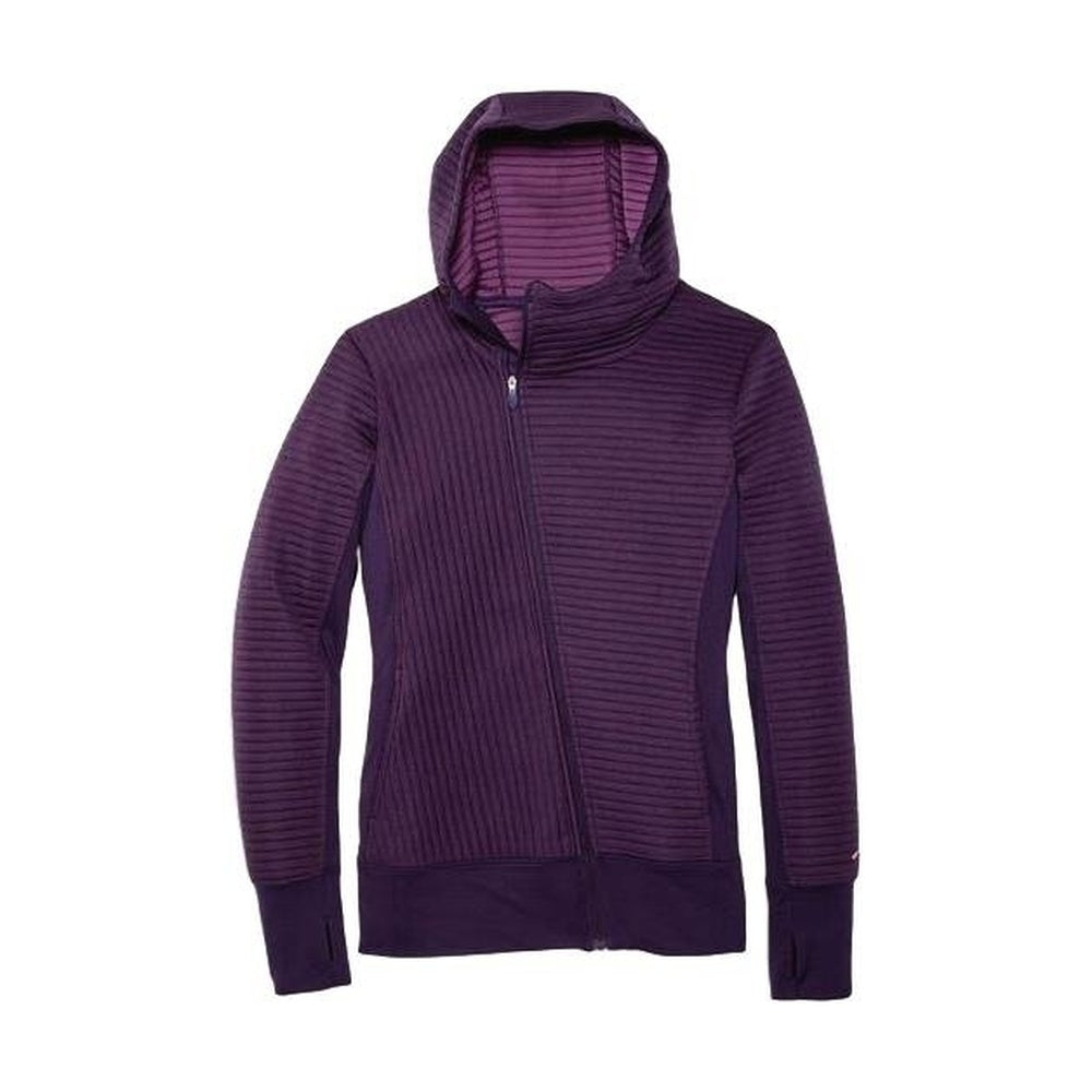 Brooks Fly-By women's hoodie in berry purple with textured fabric and zip closure