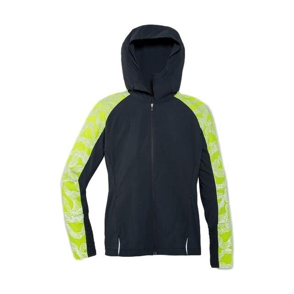 Brooks women's running jacket in asphalt gray with bright green patterned sleeves and hood