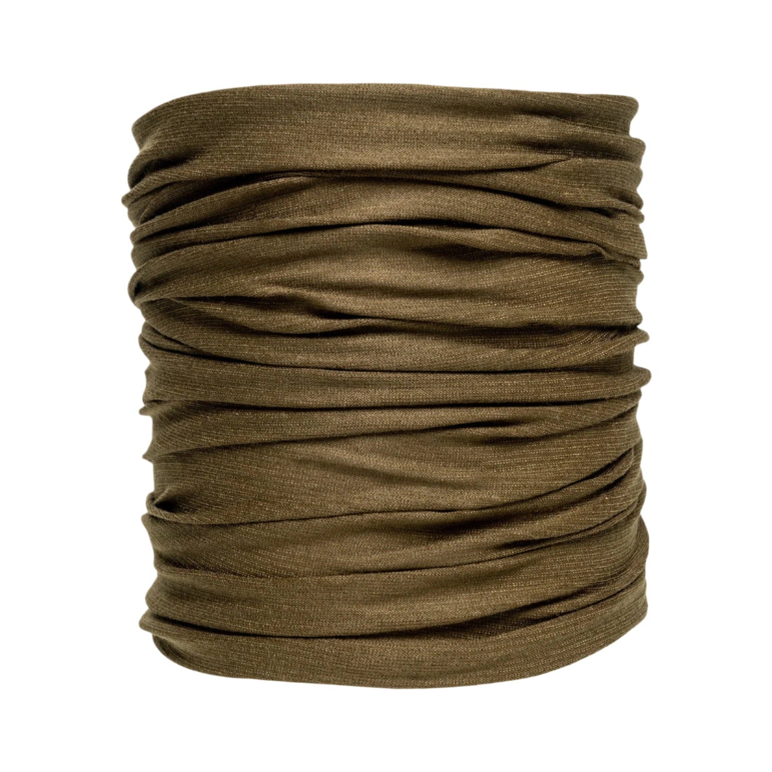 Brown olive Buff Cool Net UV+ neck gaiter shown with gathered fabric texture