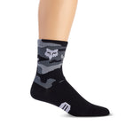Fox Racing 6-inch Ranger Women's Socks in black with gray camo pattern on mannequin foot