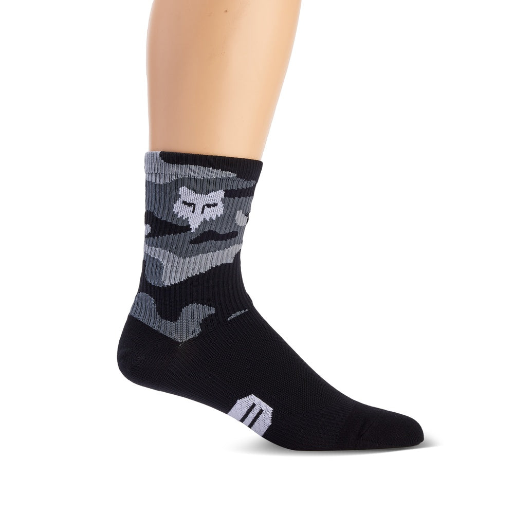 Fox Racing 6-inch Ranger Women's Socks in black with gray camo pattern on mannequin foot