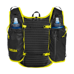 CamelBak trail running vest in black with yellow trim, includes two water bottles