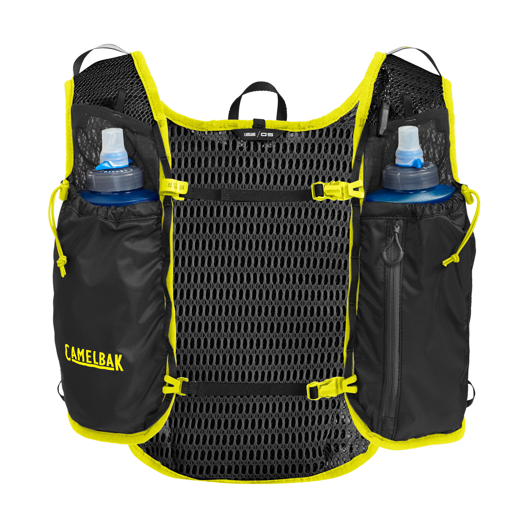 CamelBak trail running vest in black with yellow trim, includes two water bottles