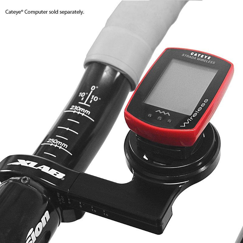 XLAB C-Fast Versadjust GP mount holding red Cateye cycling computer on bike handlebars
