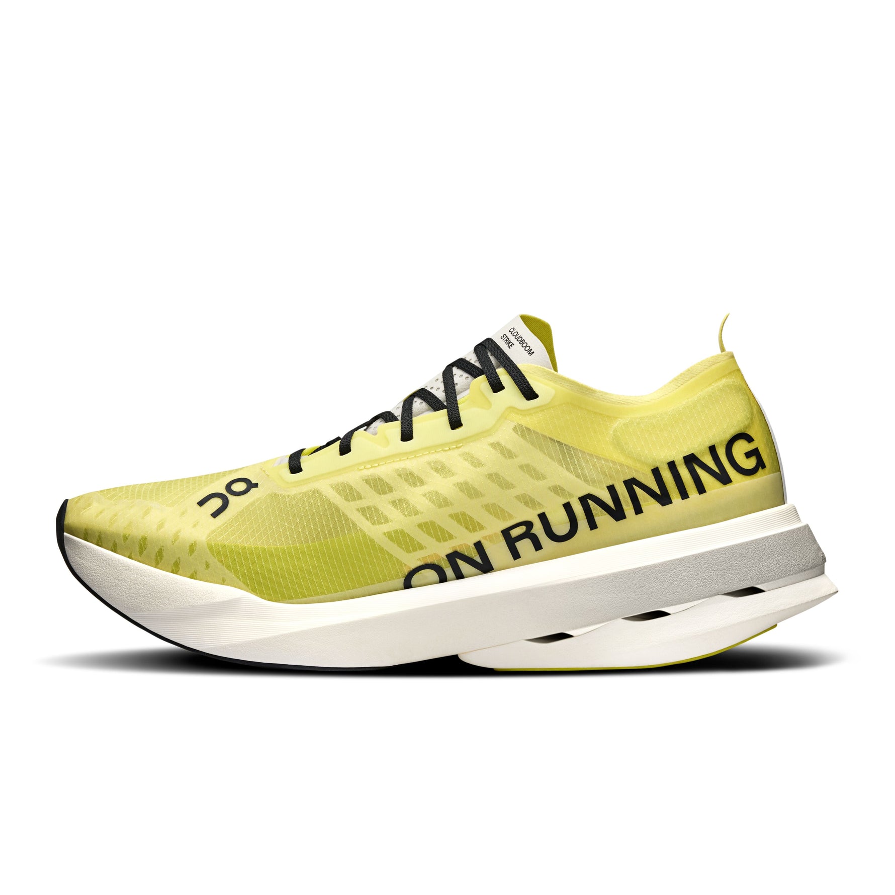 On Cloudboom Strike running shoe in bright limelight yellow with white midsole