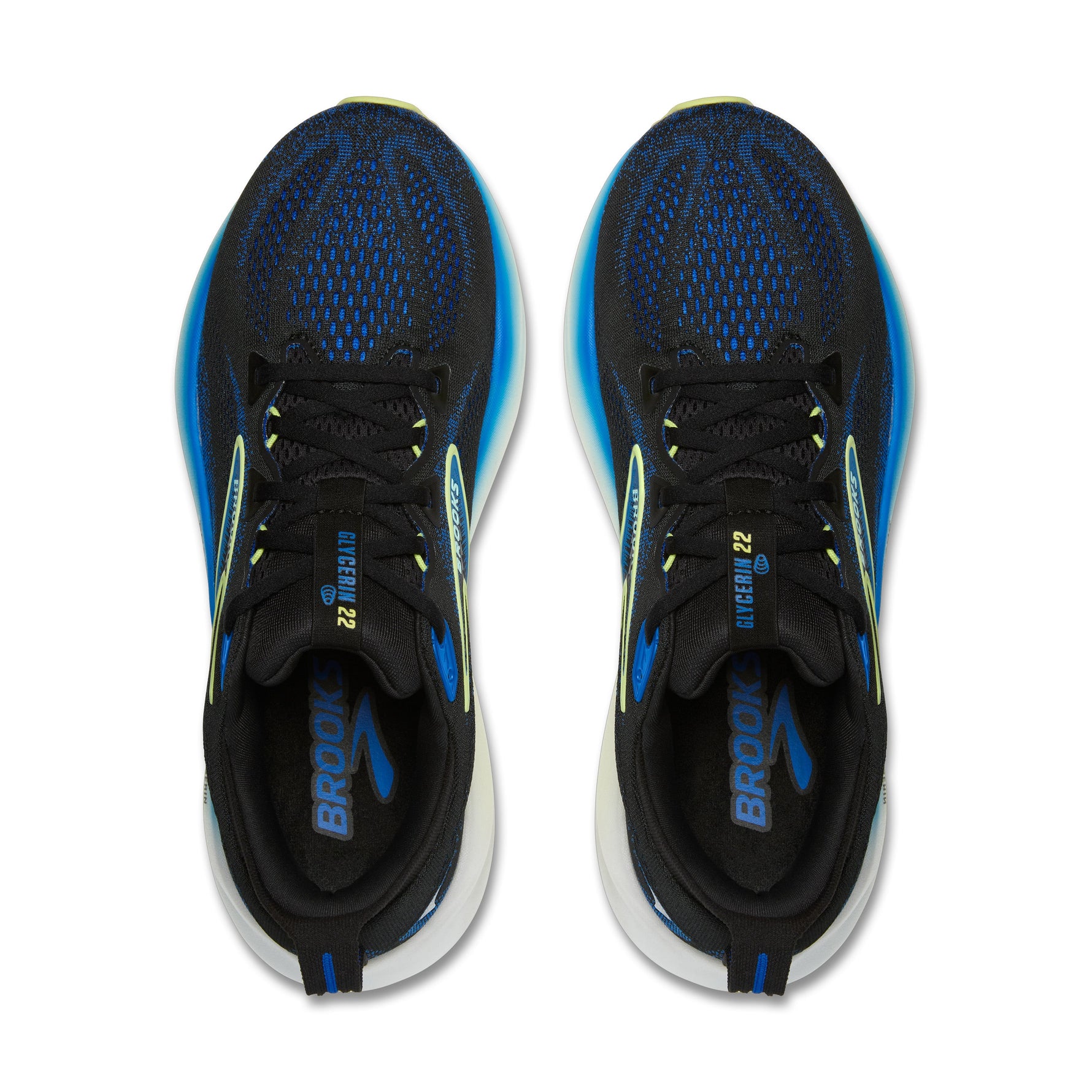 Brooks Glycerin 22 men's running shoes in black with cobalt blue and neo yellow accents