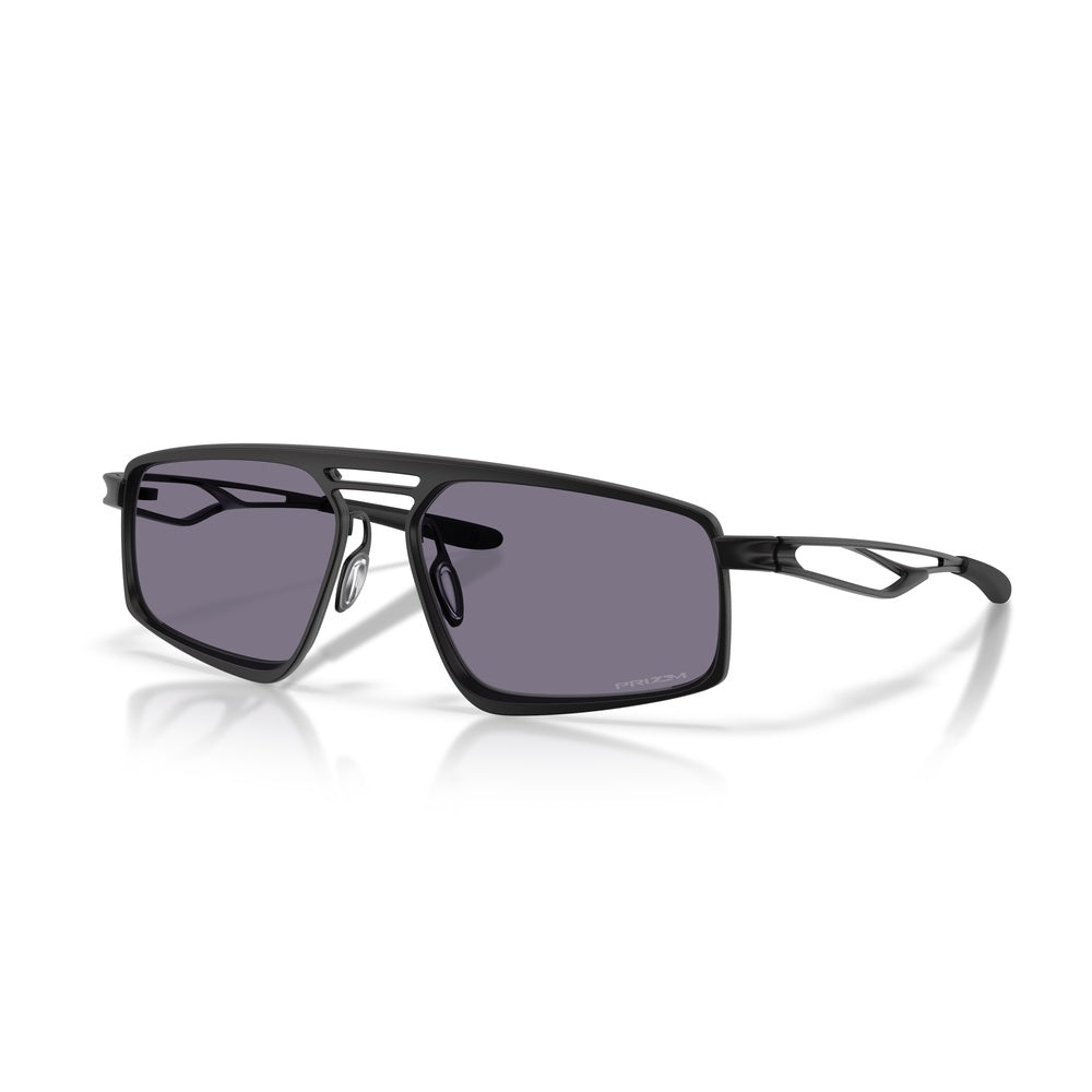 Oakley Bushwick sunglasses in satin black frame with Prizm grey lenses, three-quarter view