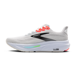 Brooks Ghost 17 men's running shoe in white and grey with pink and green accents