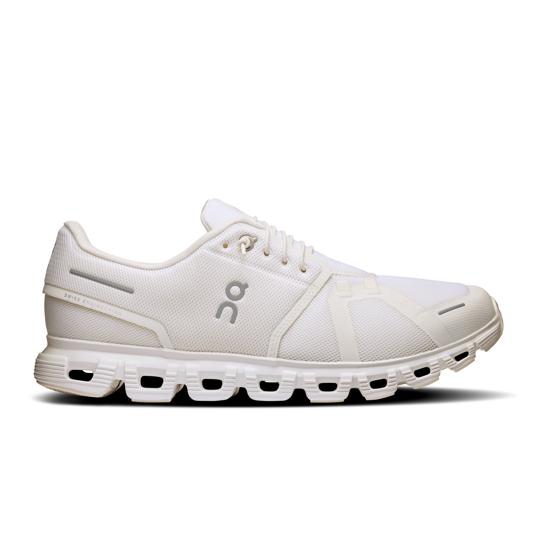 On Cloud 5 men's running shoe in all-white colorway with CloudTec sole, lateral view