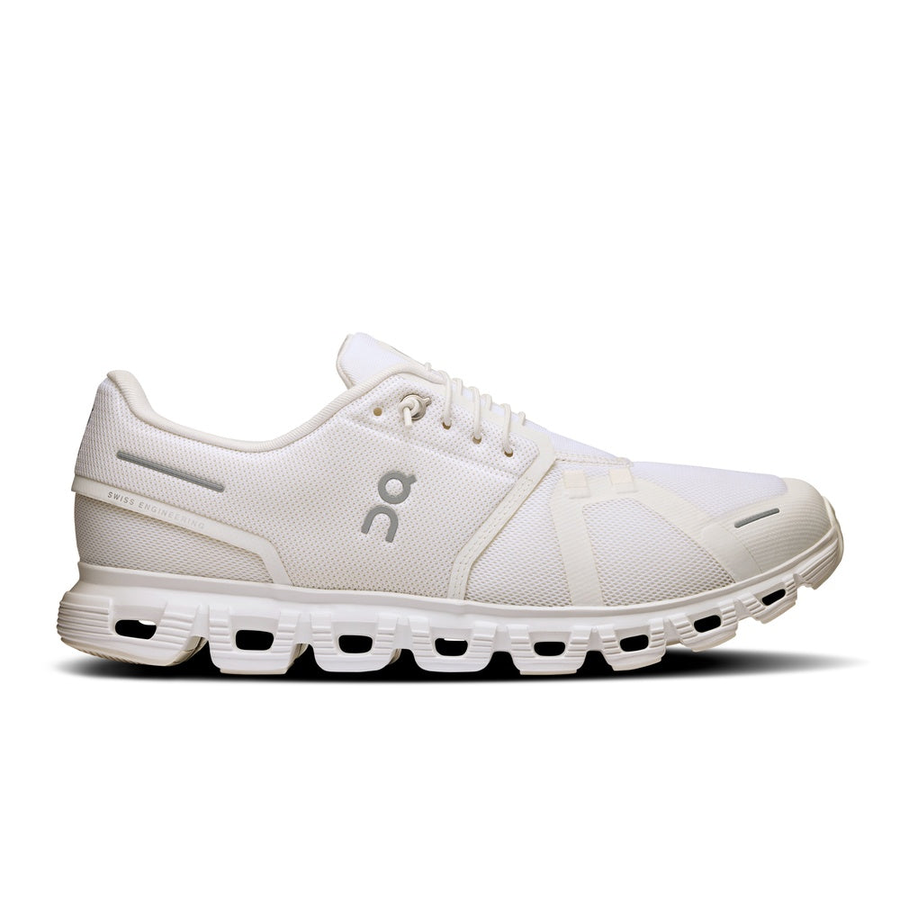 On Cloud 5 men's running shoe in all-white colorway with CloudTec sole, side view