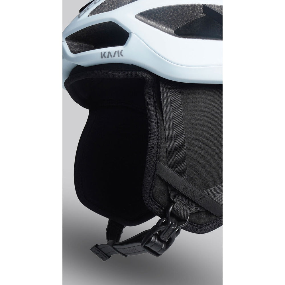 Kask Protone Icon white cycling helmet with black chin strap and padding