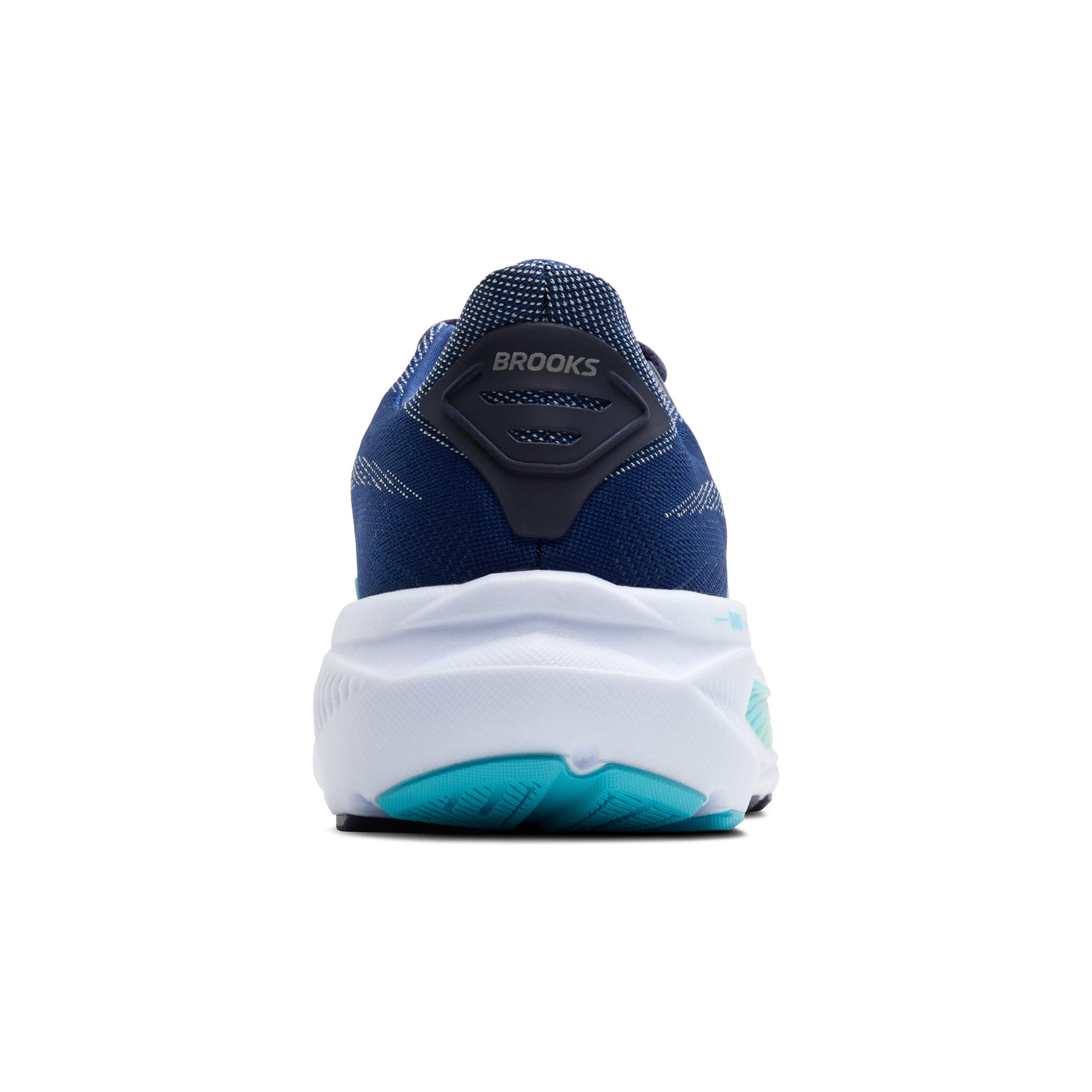 Brooks Ghost 17 women's running shoe rear view in navy blue and turquoise
