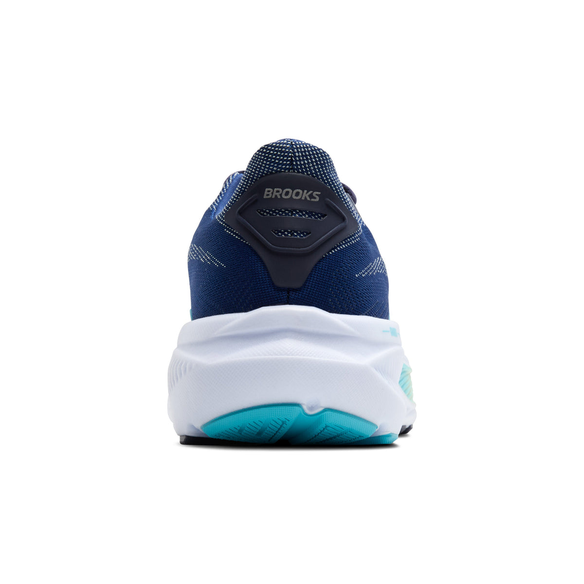 Brooks Ghost 17 women's running shoe rear view in navy blue and turquoise