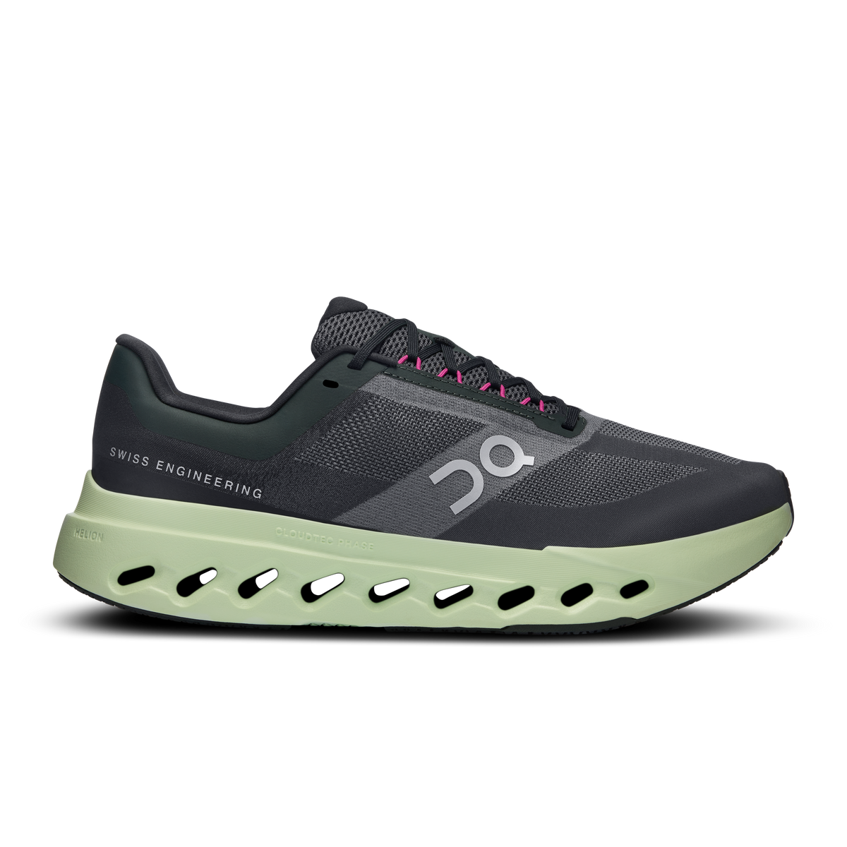 On Cloudsurfer Next men's running shoe in black and lima green colorway, side view