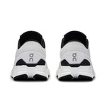 On Cloud X 4 running shoes in white and black colorway, rear view