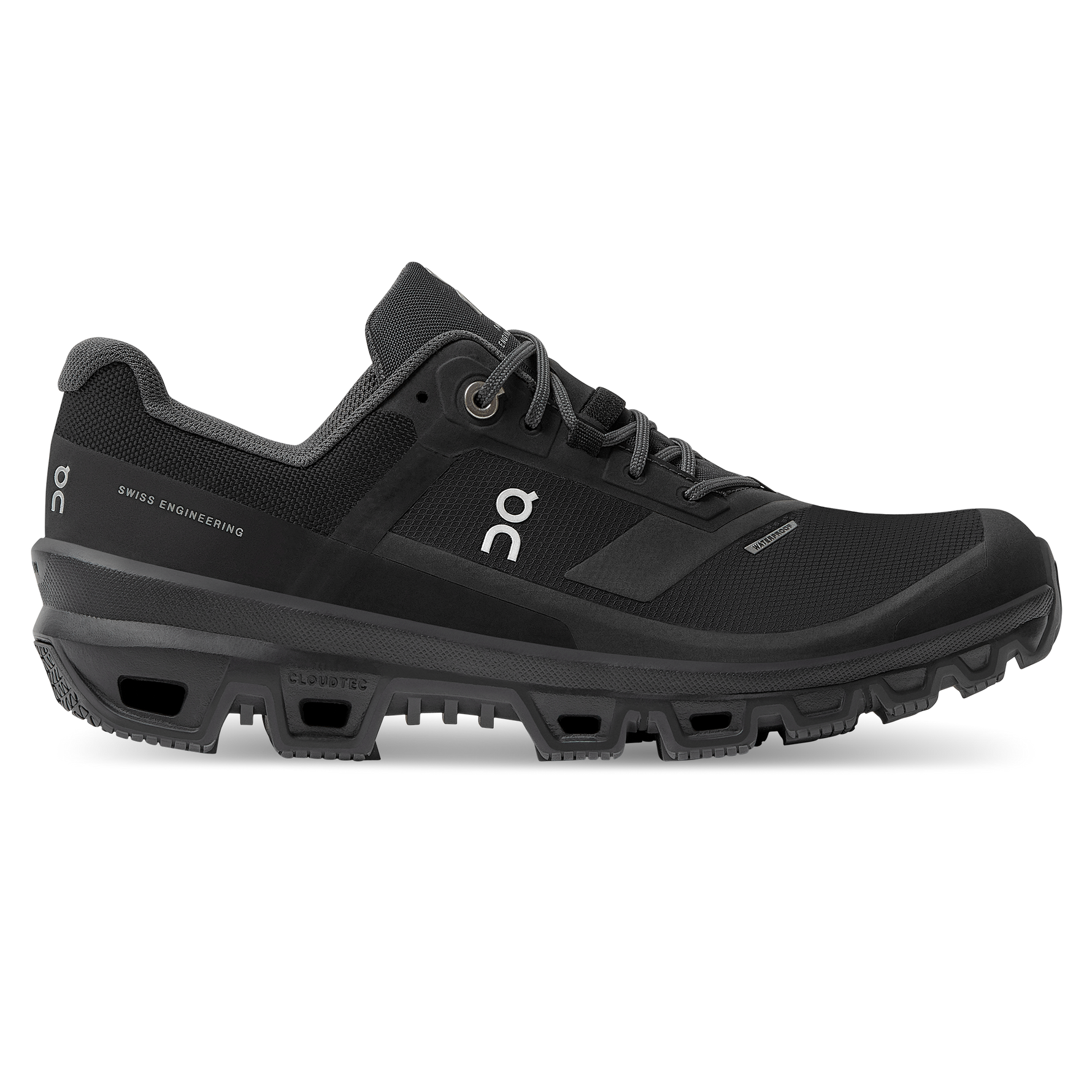 On Cloudventure Waterproof running shoe in all black colorway with Swiss engineering branding