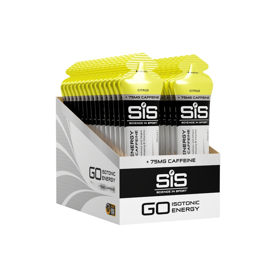 SIS Go Energy citrus gel 30-pack display box with yellow packaging