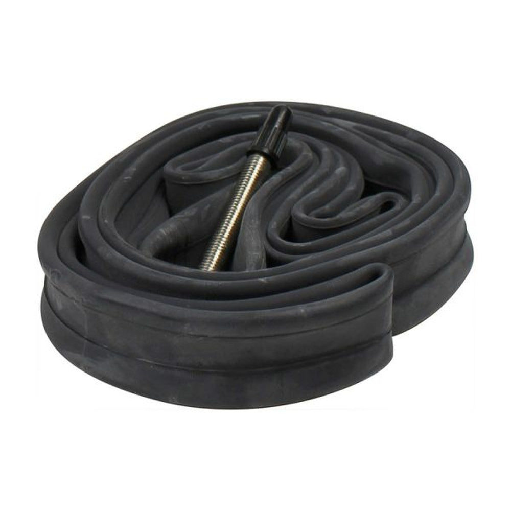 Black bicycle inner tube coiled with metal valve stem on white background