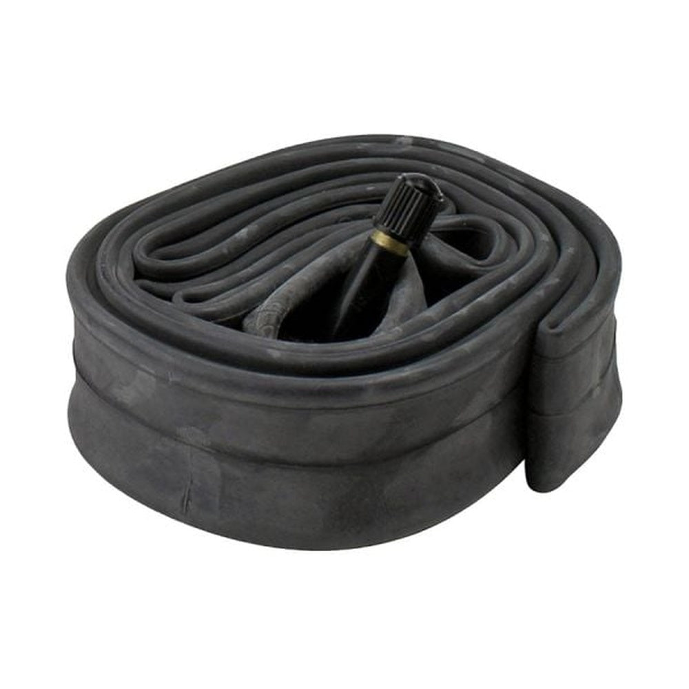 Black bicycle inner tube coiled with valve stem visible