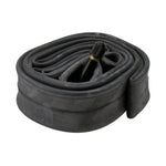 Black bicycle inner tube coiled with valve stem visible