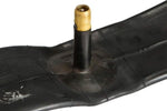 Black Eltin bicycle inner tube with brass valve stem on white background