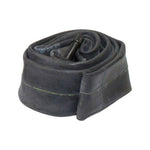 Black bicycle inner tube coiled with valve stem visible on white background