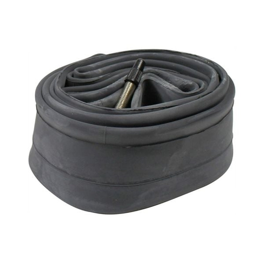 Black bicycle inner tube with valve stem coiled on white background