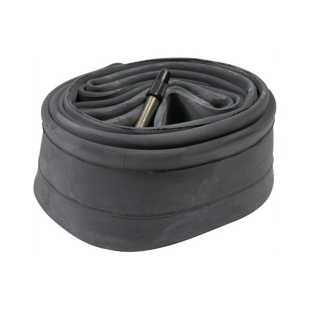 Black bicycle inner tube coiled with Presta valve stem visible